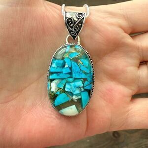 Blue Copper Turquoise Gemstone Handmade Silver Jewelry Oval Pendant Necklace